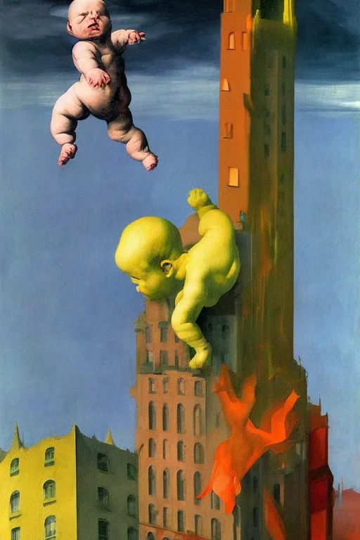 Prompt: evil human giant baby falling from tower, hauntingly surreal, highly detailed painting by francis bacon, edward hopper, adrian ghenie, gerhard richter, and james jean soft light 4 k,