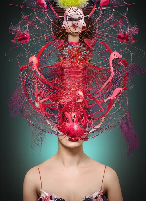 Image similar to woman with headdress, alexander mcqueen, flamingo baroque style, panfuturism, clockwork, floral, spider web, epic, hybrid, extravagant, retro futuristic, bold natural colors, masterpiece, trending on artstation, photography