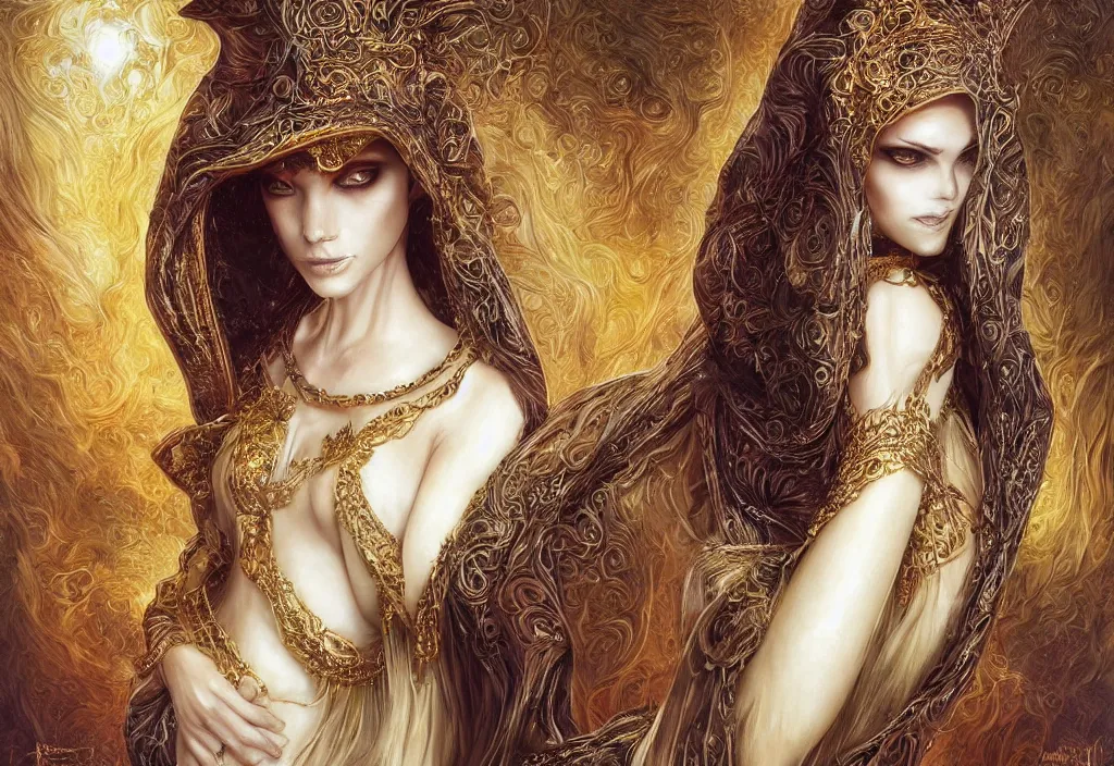 Image similar to a beautiful woman wearing a white niqab made of silk with golden jewelry and diamonds by alex gray and android jones, karol bak, ayami kojima, arabian, concept art, fantasy