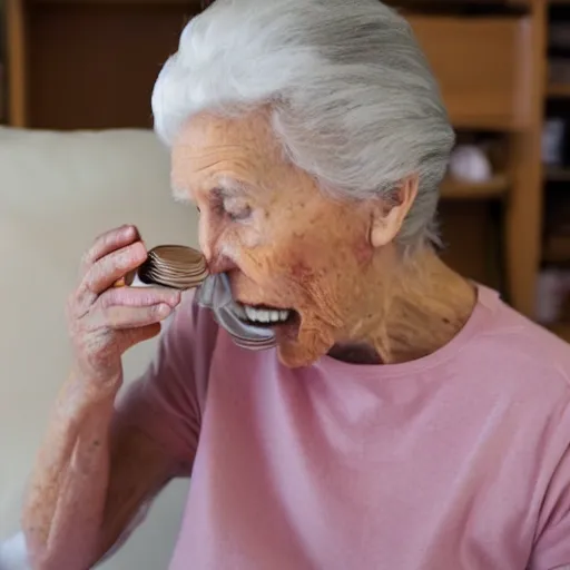 Prompt: photo of a dementia patient eating coins