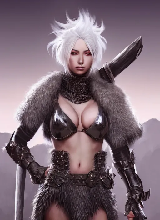 Image similar to barbarian, fur leather armor!!! beautiful and elegant white hair female!! gorgeous ayes!! character concept art, sharp focus, octane render! unreal engine 5! highly rendered!! trending on artstation!! detailed linework!! illustration by artgerm, wlop, and chie yoshii