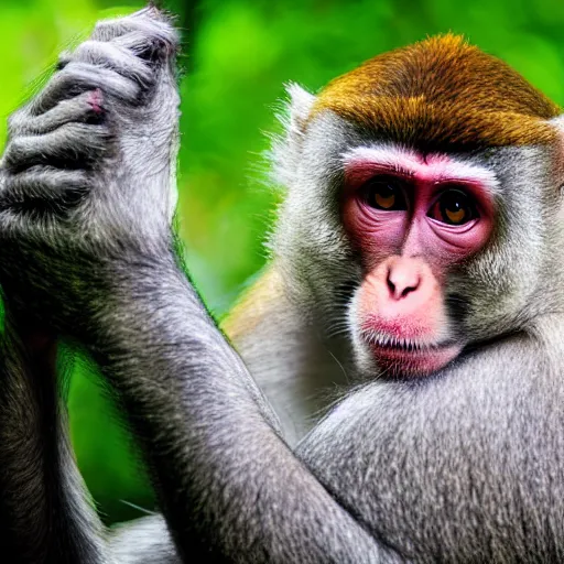 Prompt: portrait of a macaque wearing a black headband, in the style of piccaso