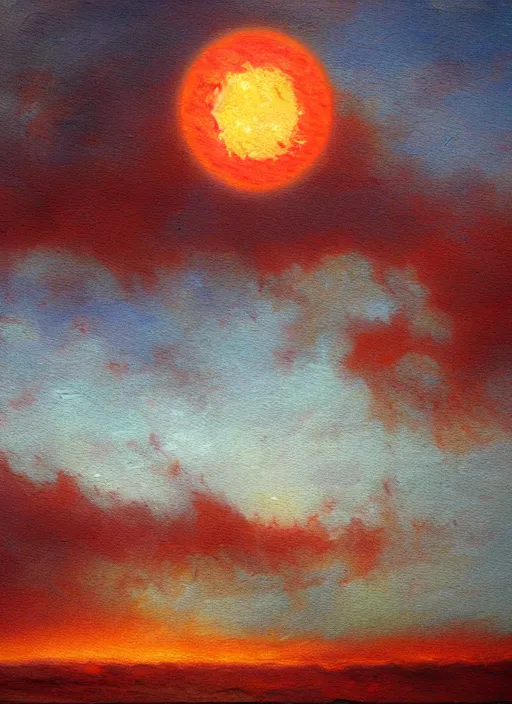 Prompt: an impressionistic painting of a red sun in a cloudy sky, an oil painting by jason a. engle, deviantart, metaphysical painting, apocalypse landscape, oil on canvas, matte drawing