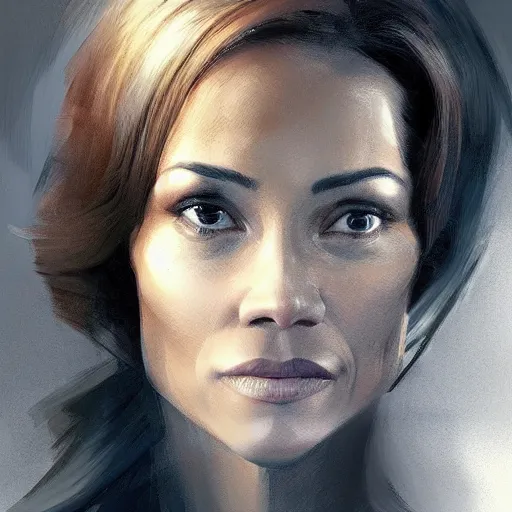 Image similar to maci holloway in a political meeting, first woman elected as president in usa, cold but beautiful, about 3 5 years old, highly detailed, mix of halle berry and julia roberts, gong li, olga kurylenko, artstation hd, deviantart, by artgem, greg rutkowski