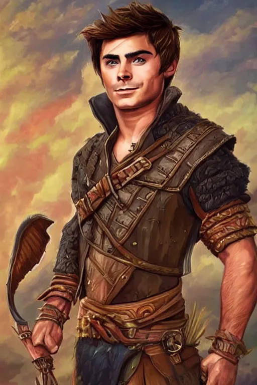 Prompt: zac efron portrait as a dnd character fantasy art.
