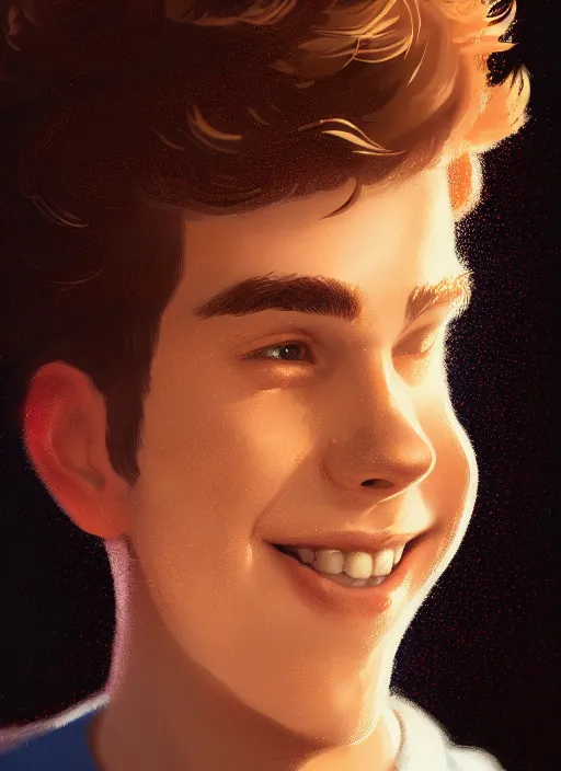 Image similar to portrait of teenage archie andrews, freckles, curly middle part haircut, curly hair, smiling kindly, intricate, elegant, glowing lights, highly detailed, digital painting, artstation, concept art, smooth, sharp focus, illustration, art by wlop, mars ravelo and greg rutkowski