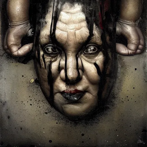 Image similar to portrait of the face of big fat old sumoringer as despair from sandman, venus of willendorf, by jeremy mann, by gregory crewdson, by bastien lecouffe deharme, by russ mills, sad face, topknot, black hair, mourning, black eyes, white room, soft lightning, high detailed, 8 k