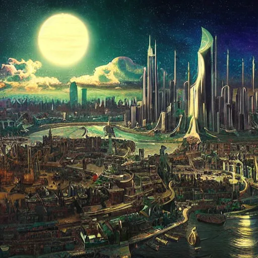 Prompt: Planetary City by Ansel Adams and Bernardo Bellotto, digital painting, chillwave aesthetic!!