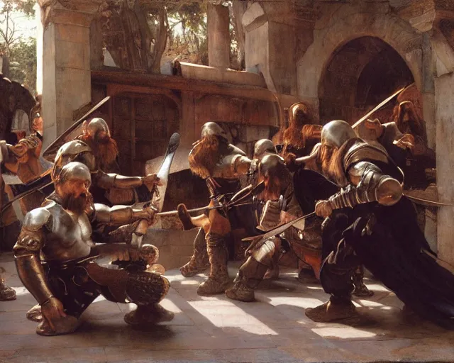 Image similar to a group of dwarves hammering a sword, key lighting, soft lights, by steve hanks, by edgar maxence, by caravaggio, by michael whelan, by delacroix, by serov valentin, by tarkovsky, 8 k render, detailed, oil on canvas