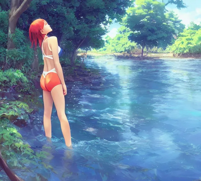 Image similar to one single girl wearing a blue bathing suit wading, standing in a narrow river, trees bent over the river, shady, ripples, facing, looking at the camera, inviting look, atmospheric lighting. By Makoto Shinkai, Stanley Artgerm Lau, WLOP, Rossdraws, James Jean, Andrei Riabovitchev, Marc Simonetti, krenz cushart, Sakimichan, trending on ArtStation, digital art.