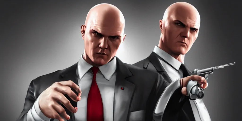 Image similar to a portrait of agent 4 7 from hitman wearing large headphones while pointing a silverballer, dark background, red rim light, smooth, sharp focus, art by irina french