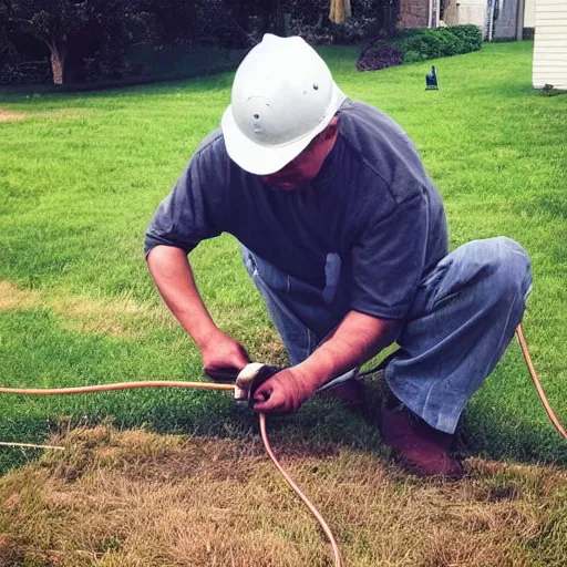 Prompt: “A man cutting a long copper cable on his lawn”