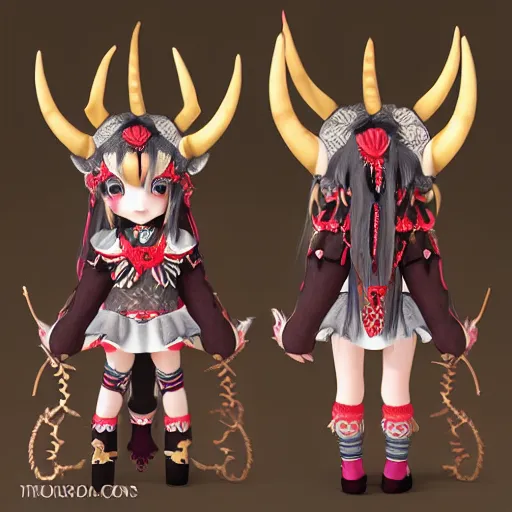 Prompt: cute fumo plush of a goat girl with horns, anime girl, tribal outfit with intricate celtic knot patterns, golden pauldrons, gothic maiden princess, artstation, vray