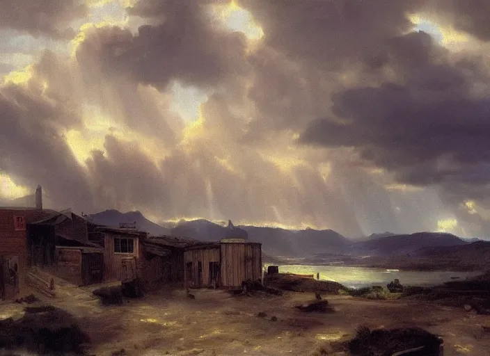 Image similar to oil painting of american old west town, harbour, dramatic storm clouds, dusty street, sunrays, dramatic, very very very beautiful art, cinematic lighting, romanticism by goya, bright art, pastel color, blue sky, sunny summer day, tall rocky mountains