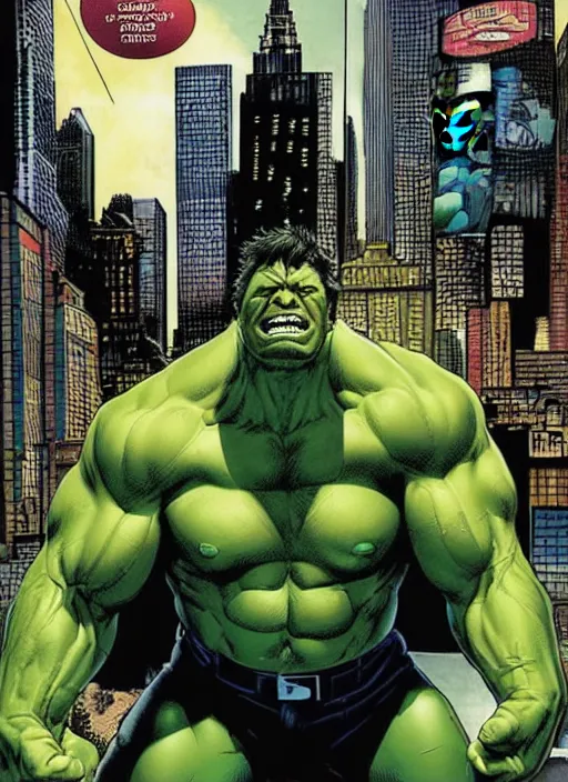 Image similar to a portrait of the incredible hulk looking angry in new york city by joe jusko, simone bianchi and alex ross dramatic lighting.