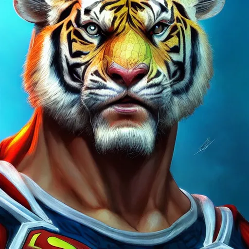 Image similar to a esthetic portrait commission of a muscular antrho albino tiger wearing the superman outfit,hyperdetailed face,character design by charlie bowater,ross tran,artgerm,makoto shibkai,photorealistic,western comic book art,film poster,deviantart,artstation