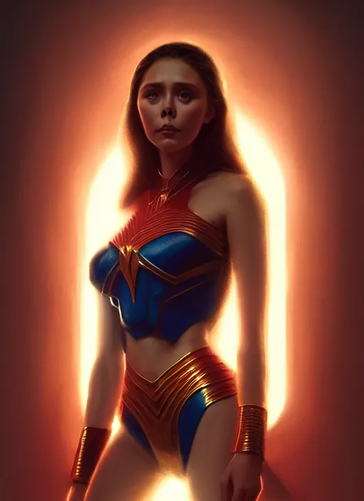 Image similar to portrait of modern darna, elizabeth olsen, intricate, elegant, glowing lights, highly detailed, digital painting, artstation, glamor pose, concept art, smooth, sharp focus, illustration, art by wlop, mars ravelo and greg rutkowski