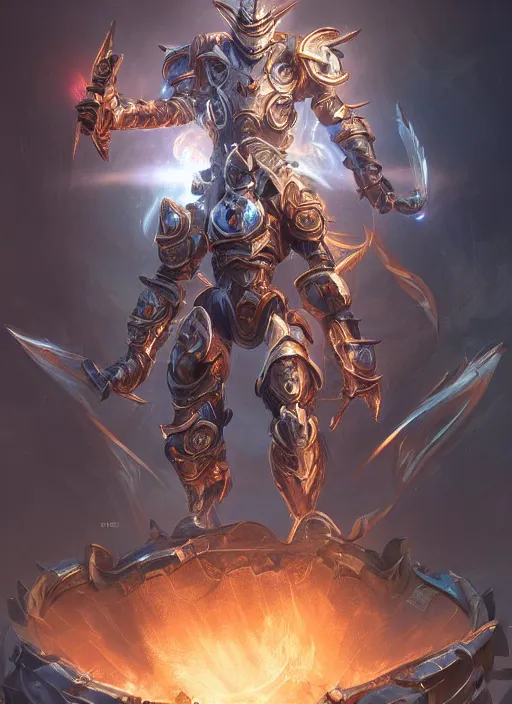Image similar to a highly detailed illustration of cyber knight with flaming plume, with arm blades, with light cracks throughout armor, dramatic standing pose, intricate, elegant, highly detailed, centered, digital painting, artstation, concept art, smooth, sharp focus, league of legends concept art, WLOP