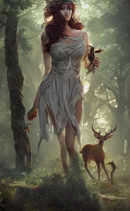 Prompt: Greek Goddess Artemis in forest with animals, full body portrait by loish and WLOP, octane render, dynamic lighting, asymmetrical portrait, dark fantasy, trending on ArtStation