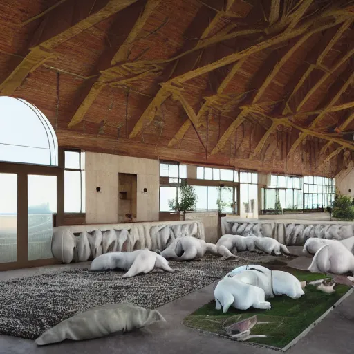 Image similar to interior view of modern futuristic farm barn architecture, cows laying down on sofas and pigs and chickens sitting in lounge chairs, modern interior design, throw pillows, areas rugs, feed troughs, hay, detailed luminescent oil painting 4 k