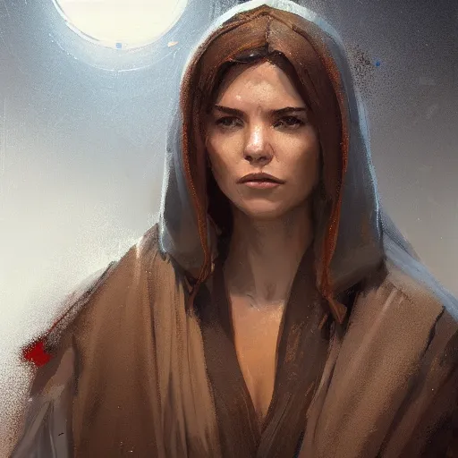 Image similar to portrait of a woman by greg rutkowski, jedi knight allana solo, straight brown hair, jedi robes, star wars expanded universe, she is about 2 0 years old, wearing jedi robes, highly detailed portrait, digital painting, artstation, concept art, smooth, sharp foccus ilustration, artstation hq