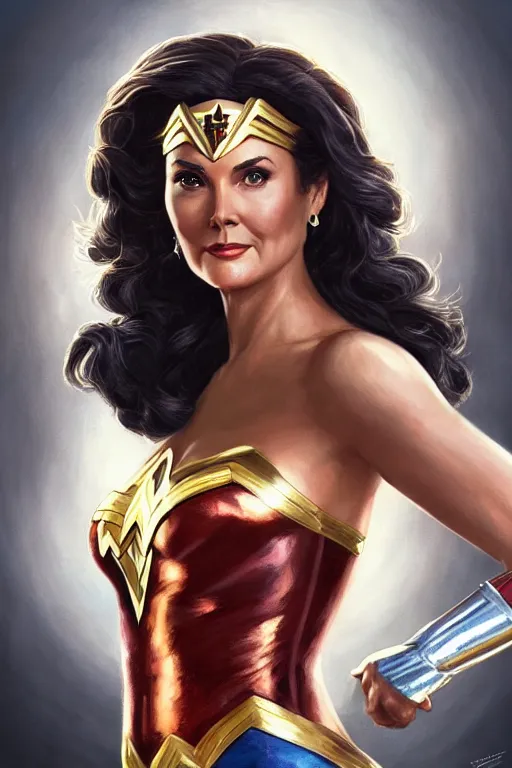 Image similar to Portrait of Lynda Carter as Wonder woman, DC, justice league, cinematic lighting, intricate, elegant, highly detailed, digital painting, artstation, painted by Artgerm and Mark Waid and Greg Rutkowski and Mandy Jurgens and Snyder