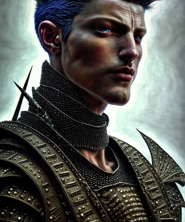 Prompt: hyperrealistic mixed media painting of a stoic male ranger, stunning 3d render inspired art by P. Craig Russell and Barry Windsor-Smith + perfect facial symmetry + dim volumetric lighting, dark studded leather tunic, head and shoulders, d&d, 8k octane beautifully detailed render, post-processing, extremely hyperdetailed, intricate, epic composition, grim yet sparkling atmosphere, cinematic lighting + masterpiece, trending on artstation, very very detailed, masterpiece, stunning