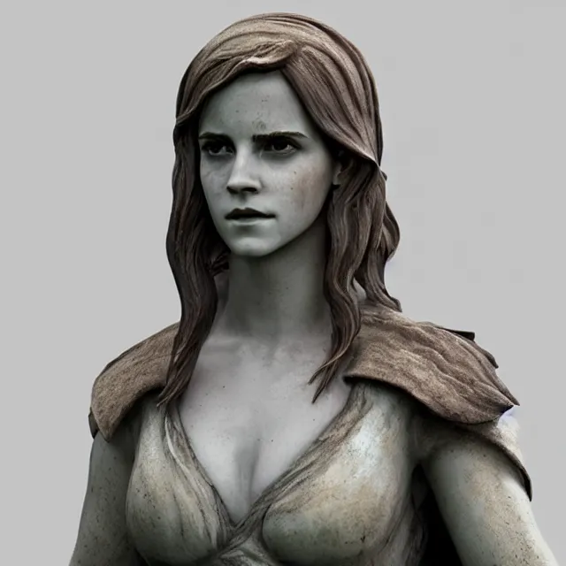 Image similar to marble sculpture of emma watson as an elf warrior, realistic, unreal engine render, octane render, hyper realistic, photo, 8 k, cinematic lighting