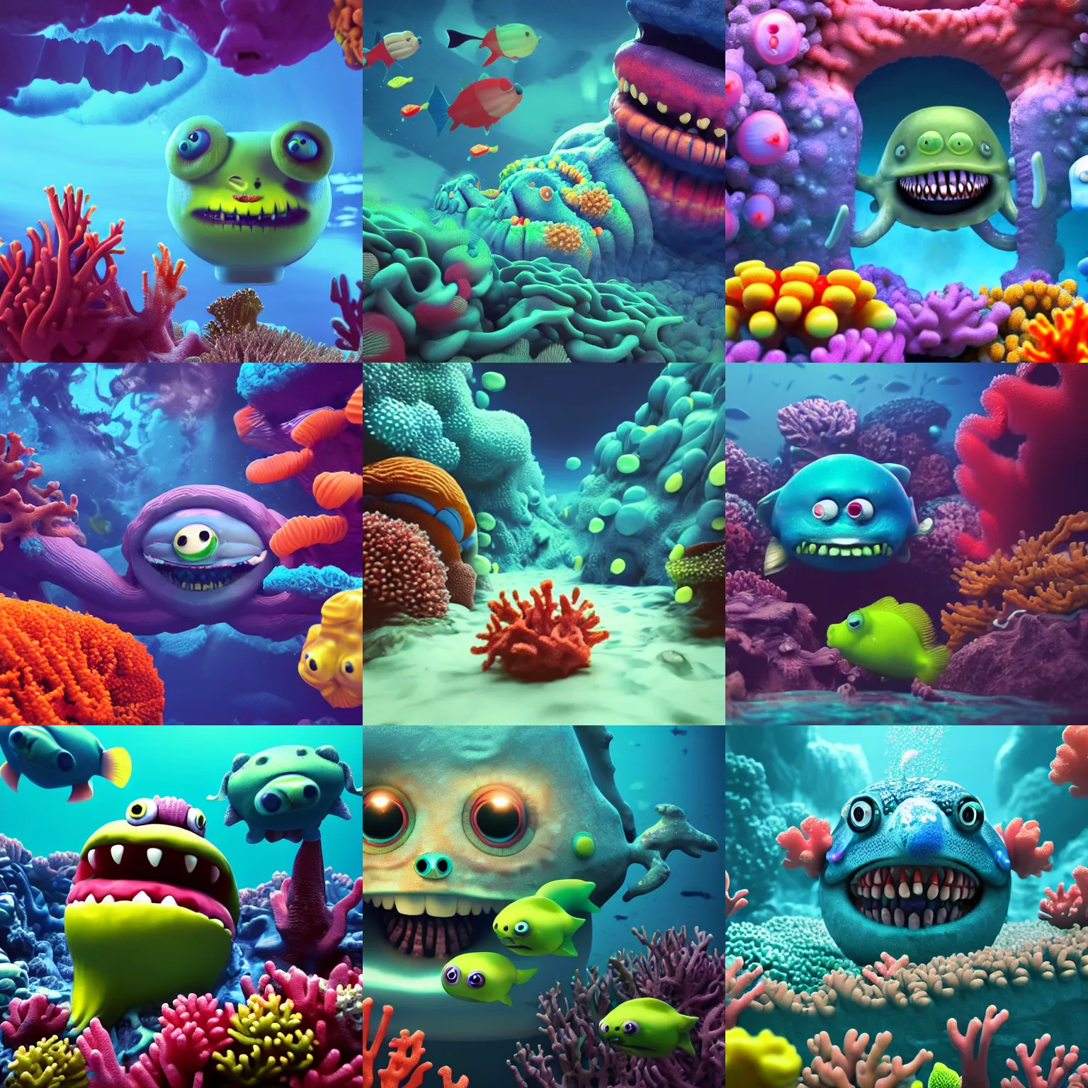 Prompt: colorful cloudy deep sea under water with strange cute friendly happy creatures with huge eyes, mouth, long tongue and round teeth appearing from sandy coral, maya render, cinematic, realistic, high definition, 4 k, octane render