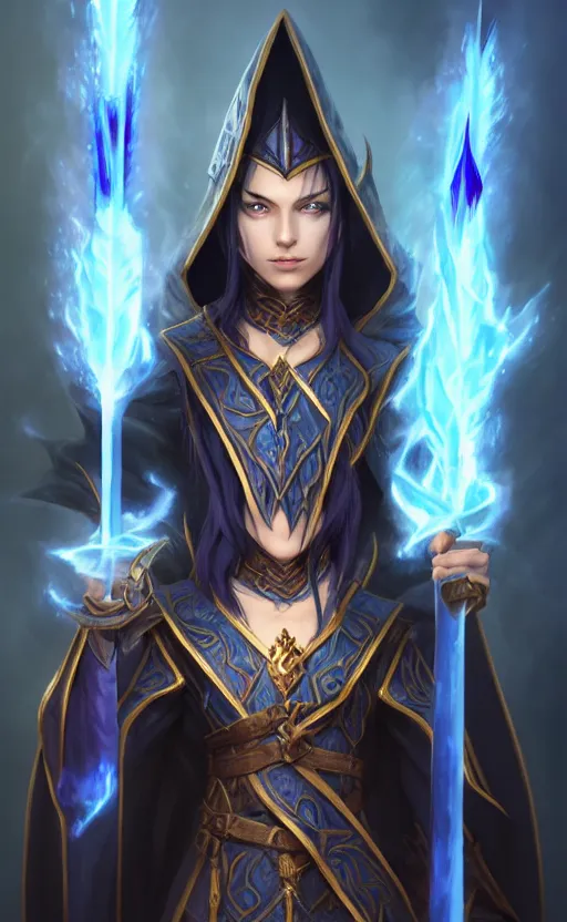 Image similar to legendary dark elf wizard with blue flame staff, highly detailed, d & d, fantasy, highly detailed, digital painting, trending on artstation, concept art, sharp focus, illustration, global illumination, ray tracing, realistic shaded, art by artgerm and greg rutkowski and fuji choko and viktoria gavrilenko and hoang lap