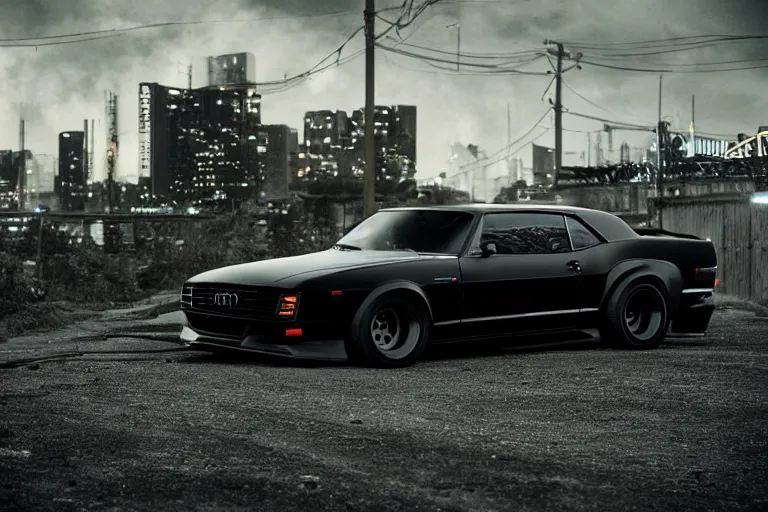 Image similar to widebody all black audi camaro b 1 ( 1 9 6 9 ), need for speed : carbon, at night, sci - fi, neon lines, phonk music background, smoke behind wheels, noise, dark, establishing shot, by simon stalenhag