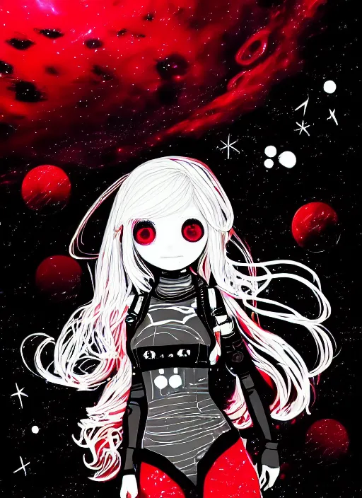 Prompt: highly detailed portrait of a hopeful pretty astronaut lady with a wavy blonde hair, by Jim Mahfood , 4k resolution, nier:automata inspired, bravely default inspired, vibrant but dreary but upflifting red, black and white color scheme!!! ((Space nebula background))