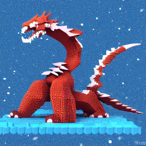 Prompt: voxel art of a snow dragon, orthographic, 4k, blender render