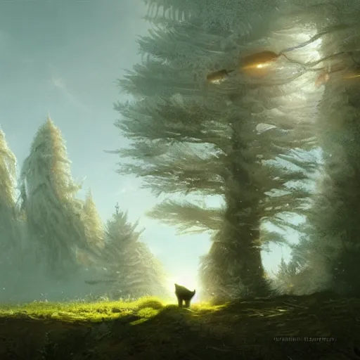 Image similar to concept art, siberian cat shining its light by gingko trees, 8 k, by greg rutkowski, and john howe, background of the sky at dusk by james gurney, artstation