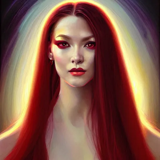 Prompt: portrait of a female wizard in flowing sensual dress, long flowing hair, delicate, looking at camera, slightly smiling, real face, stylish, elegant, extremely detailed painting inspired by Gerald Brom, epic lighting