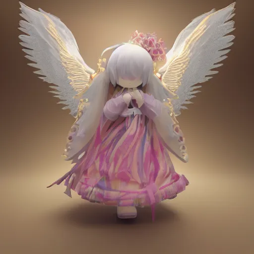 Prompt: cute fumo plush of a divine angel, gothic maiden, ribbons and flowers, ruffled wings, feathers raining, particle simulation, clouds, vray, outline glow lens flare