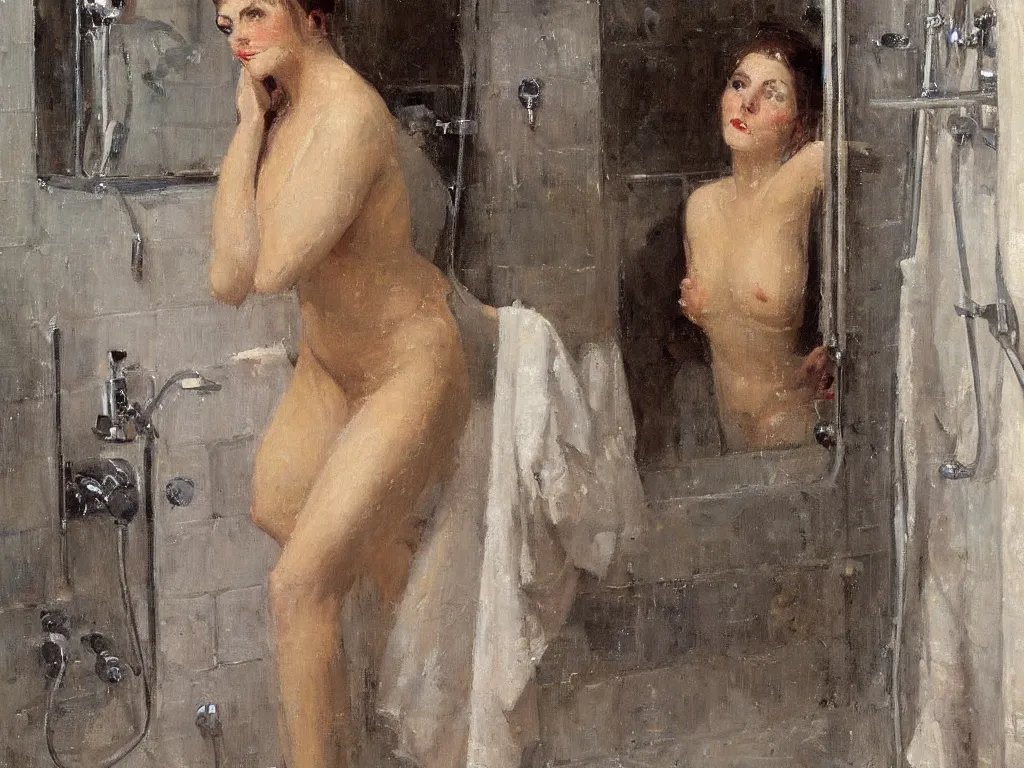 Image similar to portrait of a lady in the shower, painting by stanhope forbes, oil on canvas