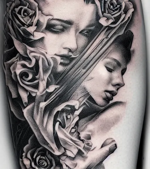 Image similar to a beautiful tattoo design, in the style of den yakovlev, hyper realistic, black and white, realism, highly detailed