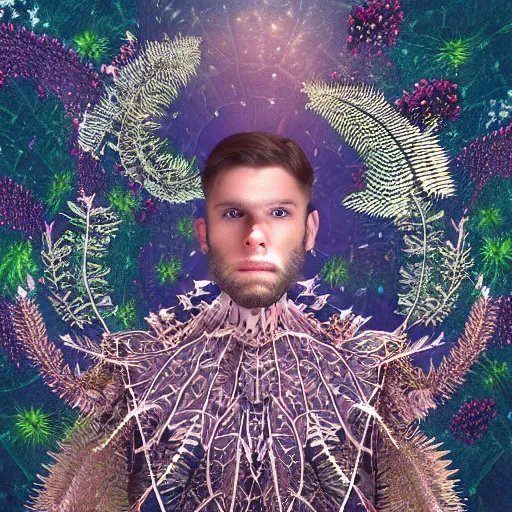 Prompt: a male knight with beard, stern face, clear eyes, shining armour made of steel, and fractal hair in a fractal garden, glowing delicate flower, berries and ferns that grow in a dark flowering fantasy forest, full frame,
