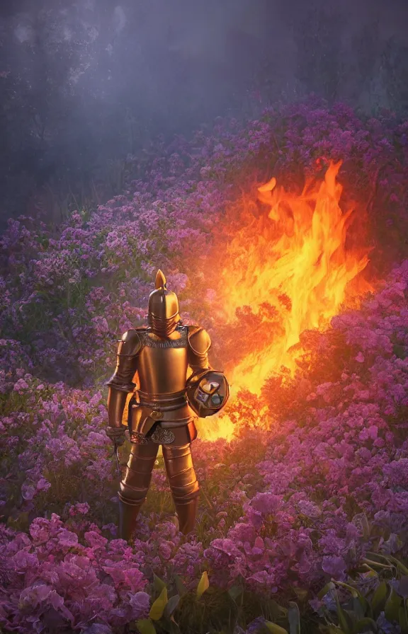 Image similar to full body image of a knight in bed of flowers in dark forest, surrounded by fire and smoke, moody, rim light, dynamic lighting, cinematic shot, gritty, ultra - detail, renderman, physically based render