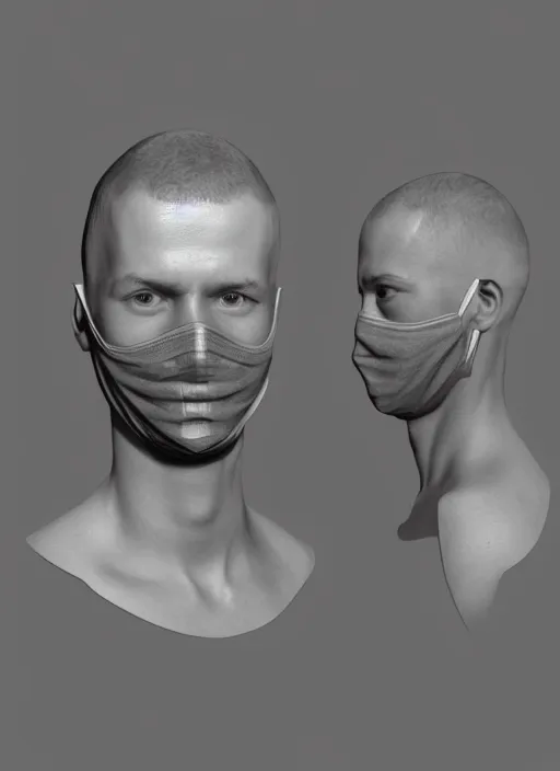 Prompt: raw 3 d model of a european young man covering face with fabric mask, untextured, ultrarealistic, trending on artstation, extremely detailed