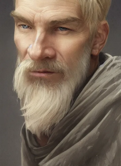 Image similar to a man aged 4 0 with blonde hair and hazel eyes and a friendly expression. he is clean shaven and wearing a grey cloak. head and shoulders portrait painting by artgerm and greg rutkowski and alphonse mucha.