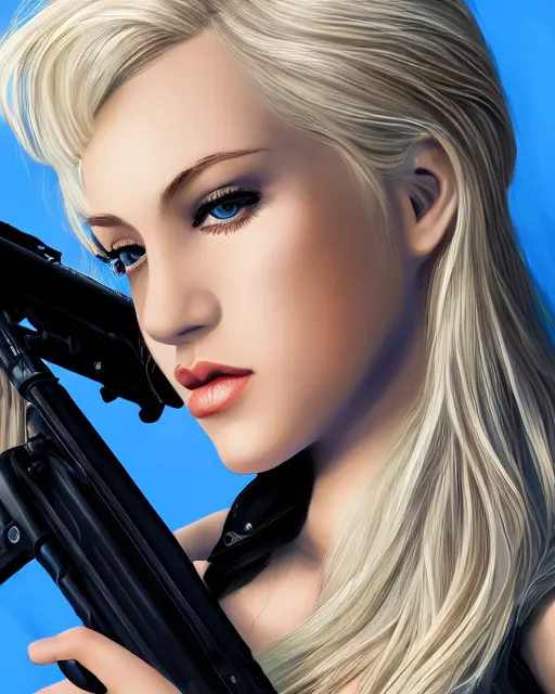 Prompt: side closeup of beautiful blonde female with blue eyes aiming l 9 6 a 1 rifle at target, award winning photography, extremely detailed, artstation, 8 k, sensual lighting, incredible art, wlop, pixar, disney, artgerm, backlit, rim lighting, hi - fructose, cellshading, intricate lineart