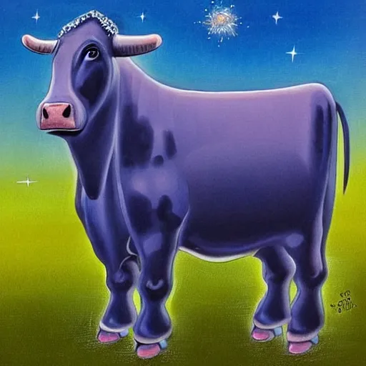 Prompt: the great magical cow, also known as the cosmic cow, is several thousand pounds and covered with an amazing array of hair. she has a beautiful blue coloration, she is quite docile and gentle, and her large, almost spherical body is always in motion.