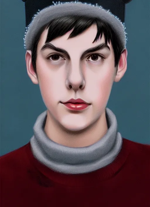 Image similar to portrait of teenage jughead jones wearing a light grey crown, crown, blue turtleneck, 1 9 5 0 s, closed eyes, photorealistic, black hair, glowing lighting, intricate, elegant, glowing lights, highly detailed, digital painting, artstation, concept art, smooth, sharp focus, illustration, art by wlop, mars ravelo and greg rutkowski