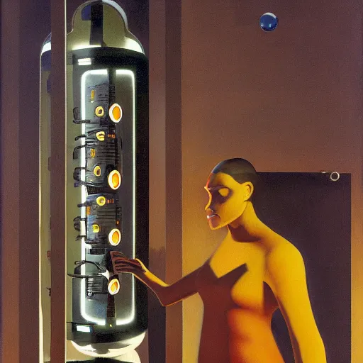 Image similar to detailed face of a synthetic sentient super - intelligent humanoid with nixie tube eyes warming up, warm space, rammed earth courtyard, cool skydome, fresh atmosphere, grant wood, pj crook, syd mead, livia prima, edward hopper, nick alm, casey baugh