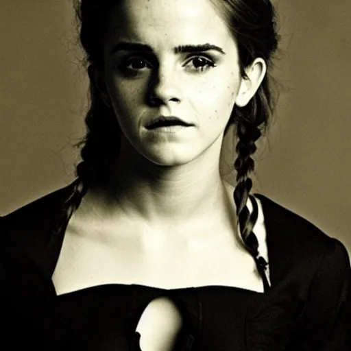 Prompt: emma watson in an old style photo from 1 8 5 0 creepy, dark