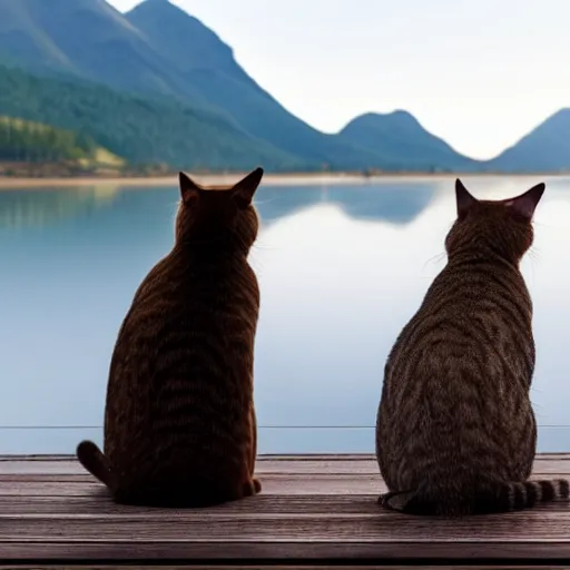 Image similar to two cats staring off into the distance on a wooden dock, in the background is a beautiful view of a crystal clear lake and a mountain range