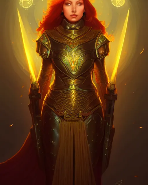 Image similar to symmetry full body of redhead princess, glam, cleric wearing armor plate, fireflies, crypt background, intricate, elegant, highly detailed, digital painting, artstation, concept art, smooth, sharp focus, illustration, art by artgerm and greg rutkowski and fra angelico and alphons mucha