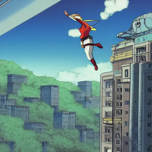 Image similar to illustration of a super hero flying over an advanced sci-fi building, studio ghibli, ultra hd